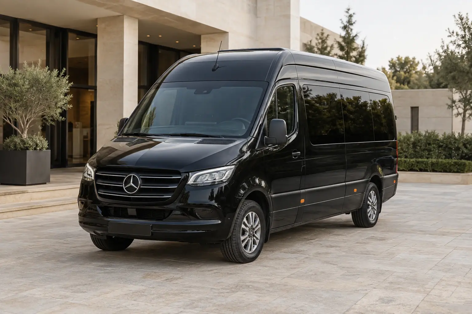 Siyah Mercedes Sprinter'ın temsili dış tasarım görünümü